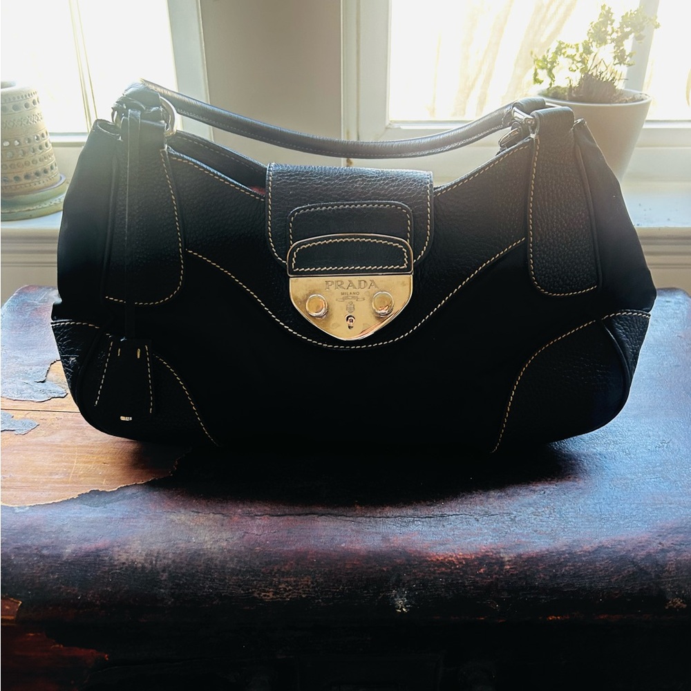 Prada Black Leather Shoulder Bag with Gold Accents